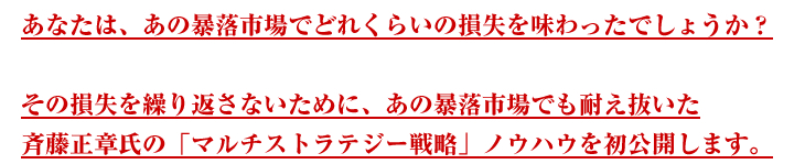 あなたは、あの暴落市場でどれくらいの損失を味わったでしょうか？その損失を繰り返さないために、あの暴落市場でも耐え抜いた斉藤正章氏の「マルチストラテジー戦略」ノウハウを初公開します。